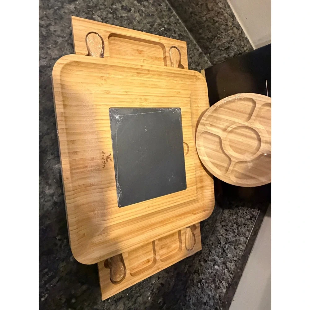 ViralCity Bamboo Cheese Board Set with Slate Insert and Slide Out Drawers New
